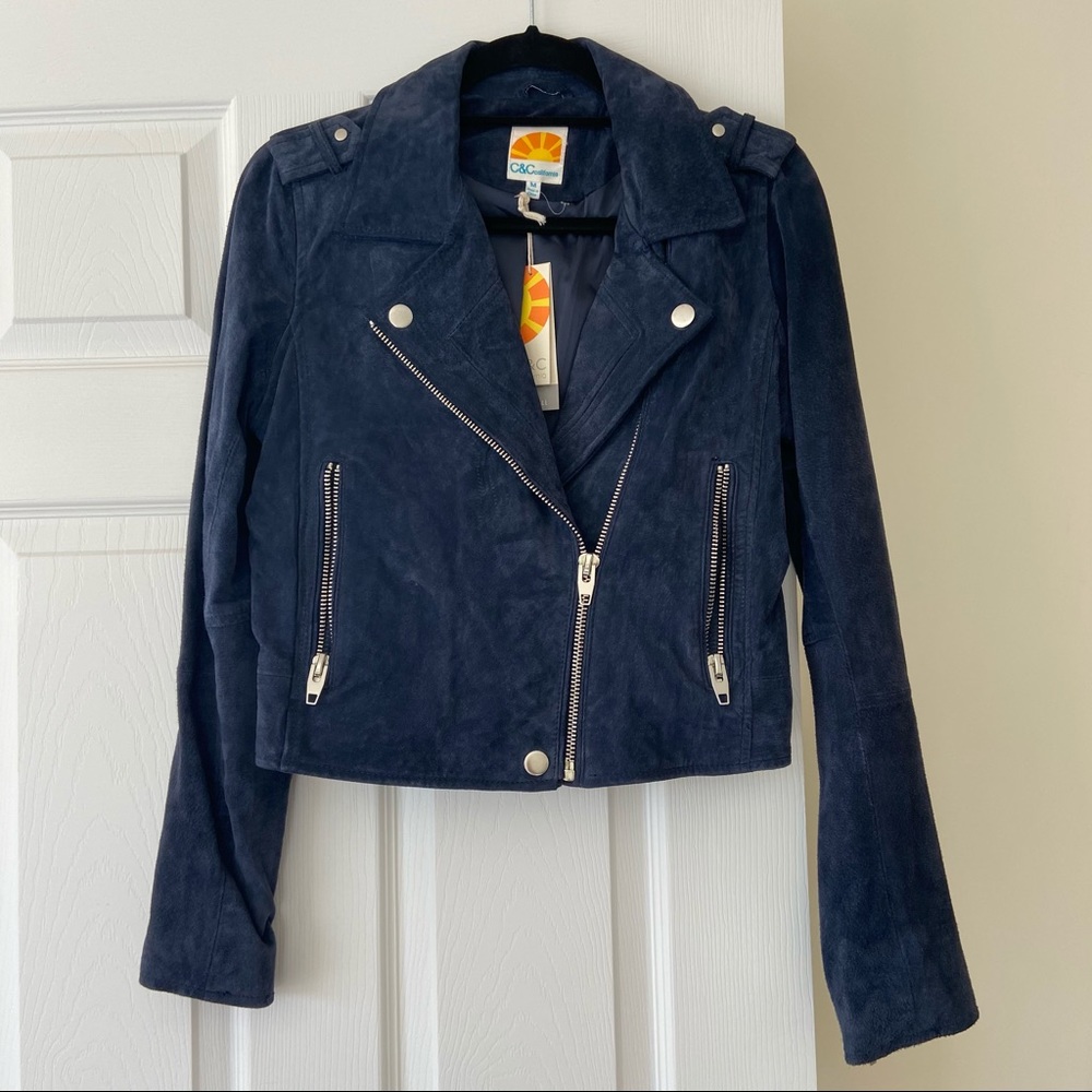 C & C California Navy Suede Leather Moto Jacket